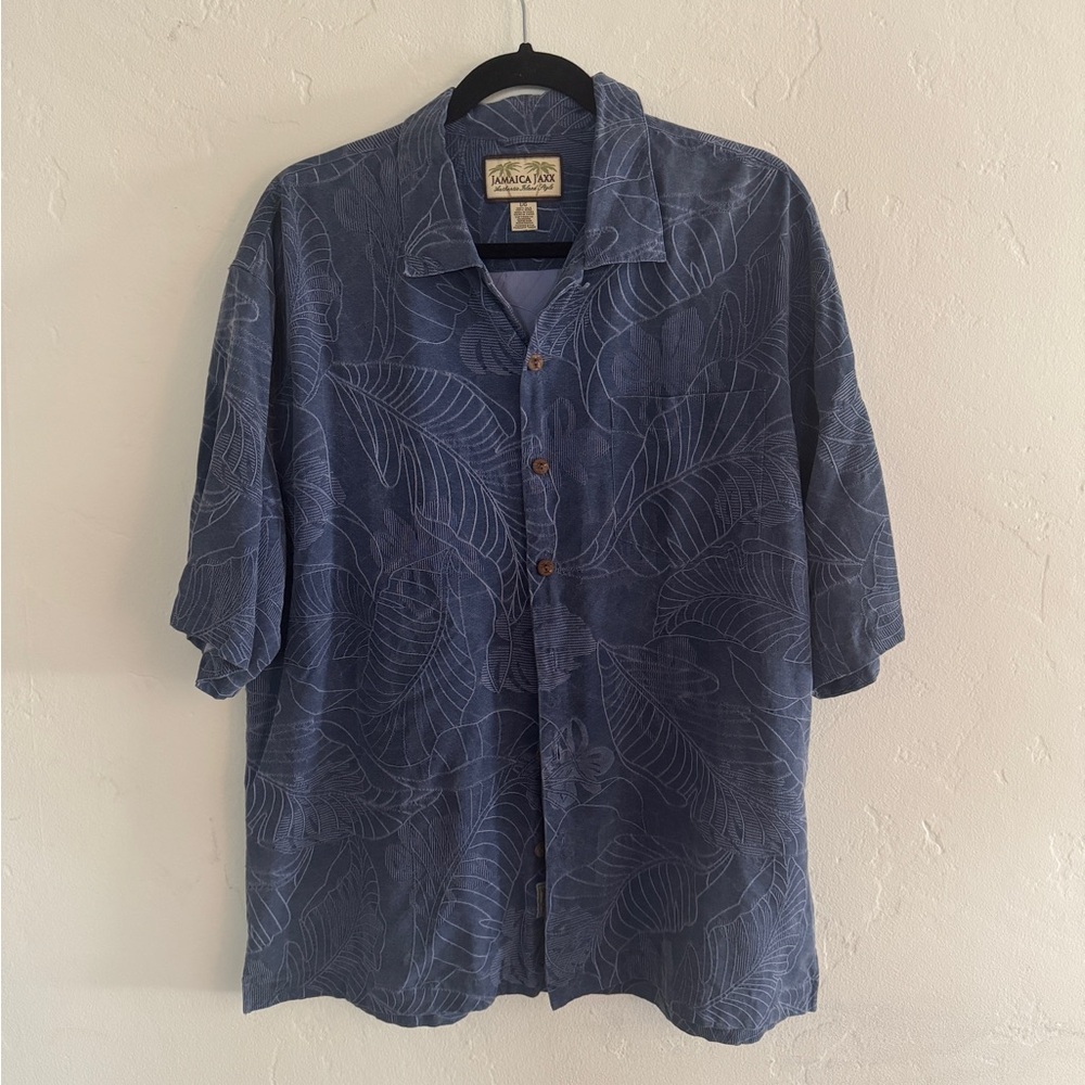 Jamaica Jaxx Blue Hawaiian Button Down Shirt 100% Silk Short Sleeve Men’s L